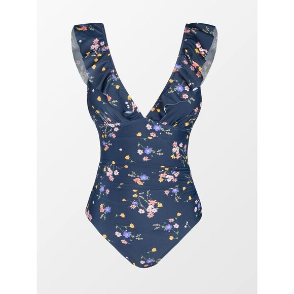 Women's Blue Ruffled One Piece Swimsuit V Neck Lace Up - Picture 5 of 6